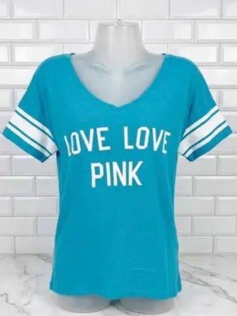 PINK Victoria's Secret Turquoise 'LOVE LOVE PINK' V-Neck Tee